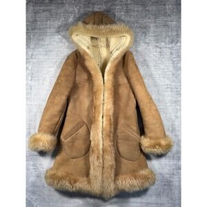 Victoria Leather Jacket Women Medium Tan Shearling Hooded Sheepskin Coat Fur